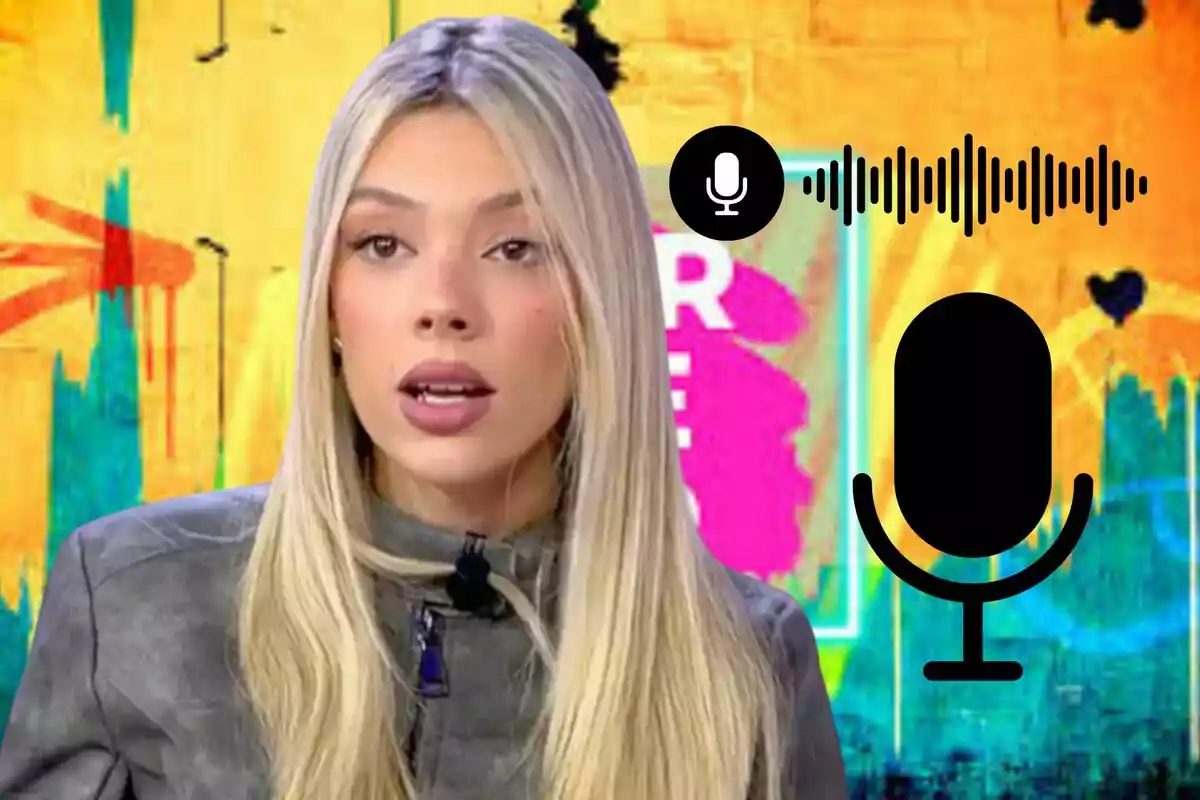 Una persona de cabello rubio aparece en un entorno colorido con un gráfico de micrófono y ondas de sonido superpuesto.