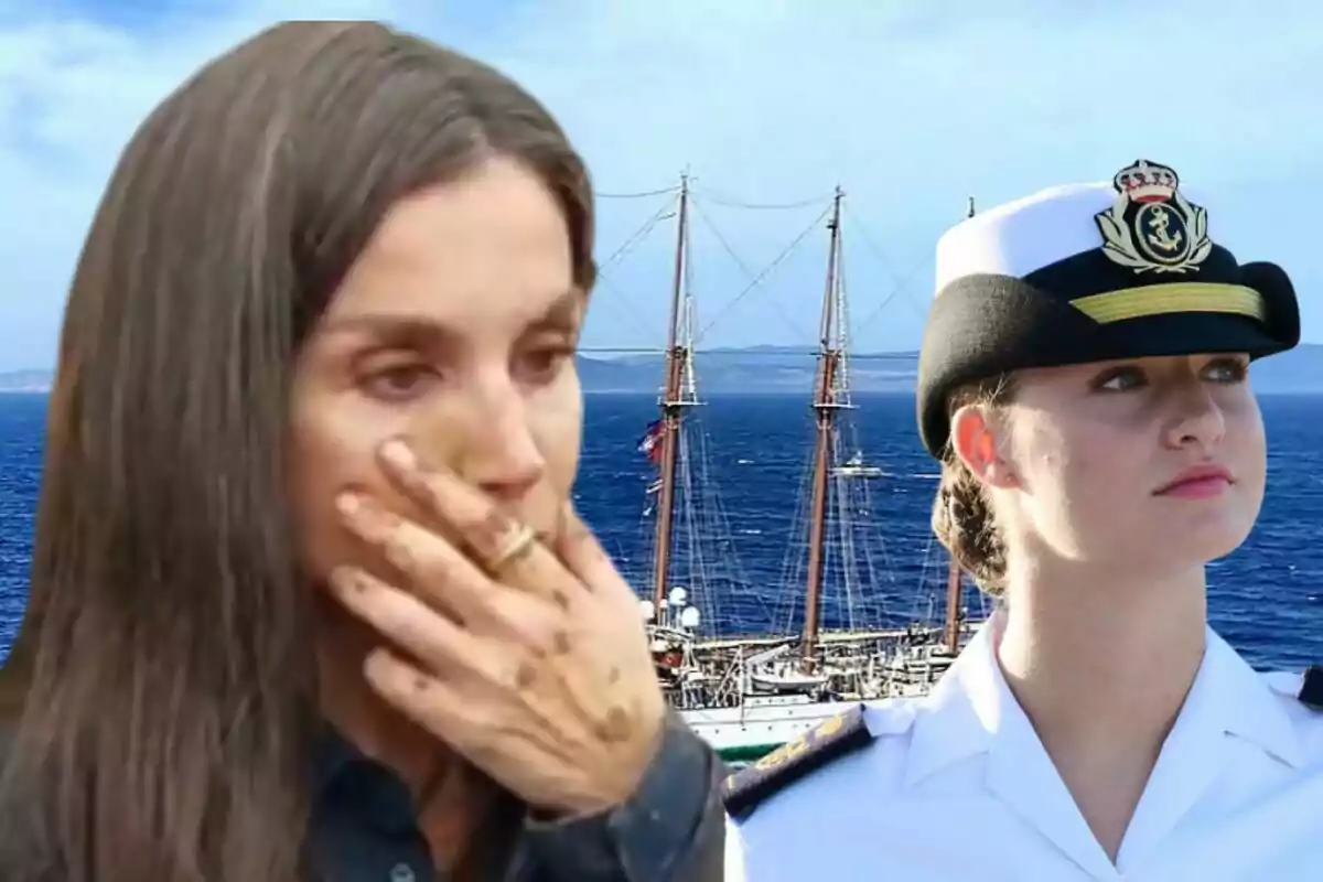 Una dona amb la mà a la cara i una altra persona amb uniforme naval davant d'un vaixell al mar.