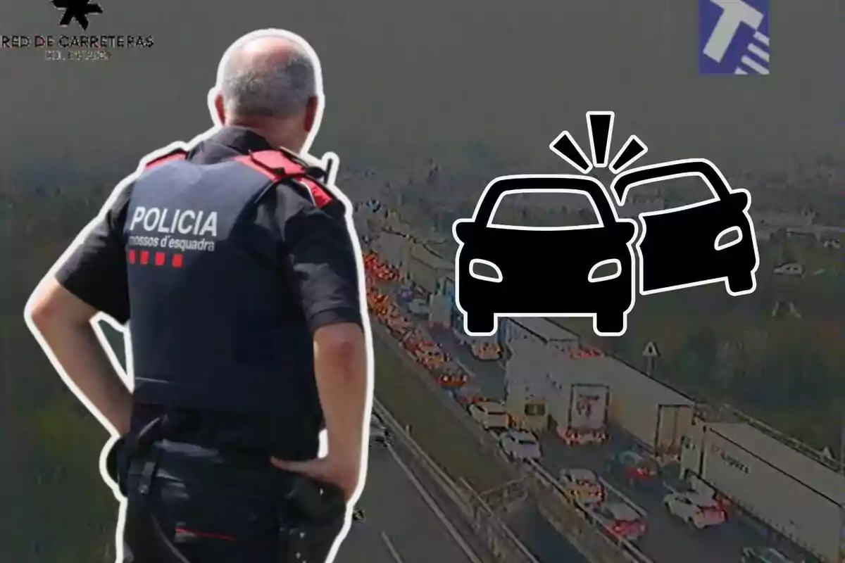 Un agent de policia observa una carretera congestionada amb un gràfic d'accident de trànsit superposat.