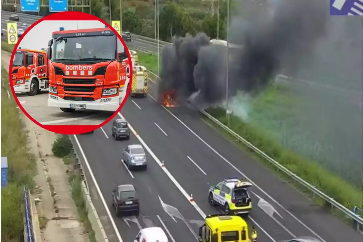 Un incendi a la carretera amb vehicles d?emergència i un camió de bombers destacat en un requadre.