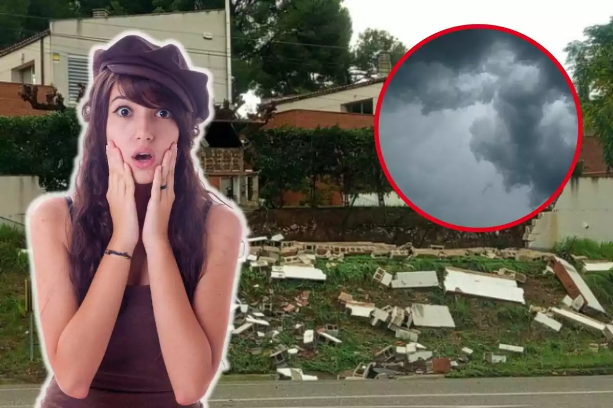 Una mujer con expresión de sorpresa está frente a un muro derrumbado y un cielo nublado.