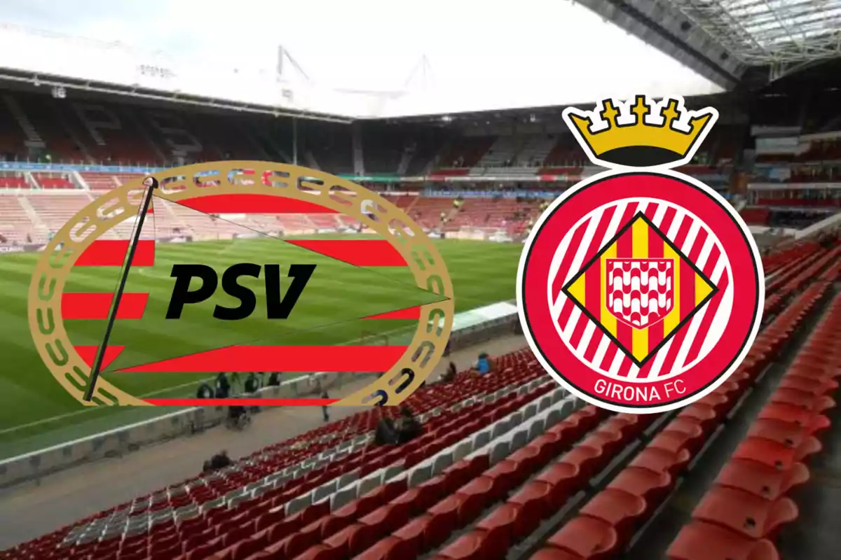 Logos de los equipos PSV y Girona FC sobre un estadio de fútbol vacío.