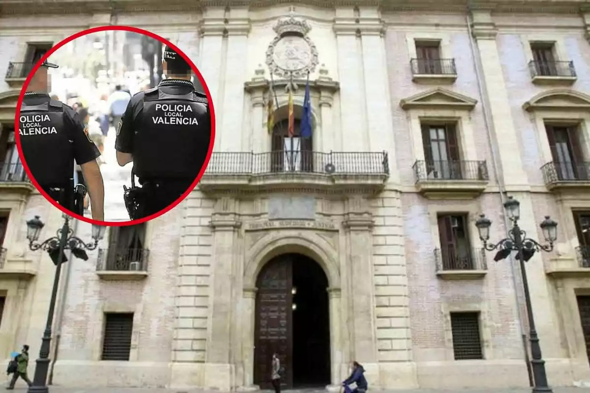 Edificio histórico con un círculo que muestra a dos policías locales de Valencia.