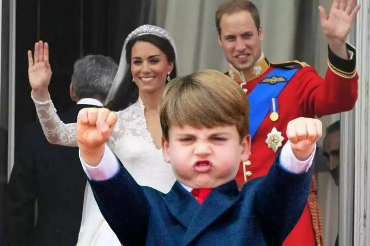 Un niño con expresión de victoria en primer plano mientras una pareja vestida de gala saluda al fondo.