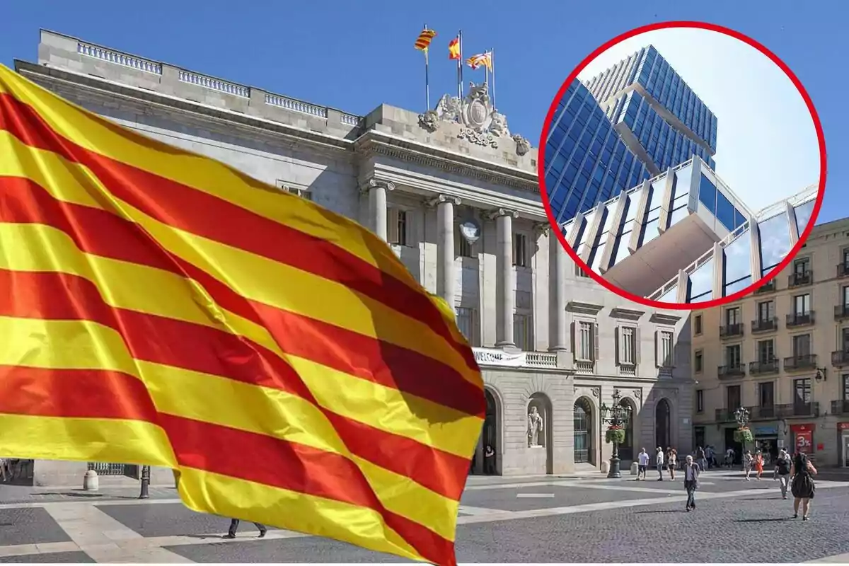 Una bandera catalana ondea frente a un edificio histórico con un detalle de un edificio moderno en un círculo rojo.