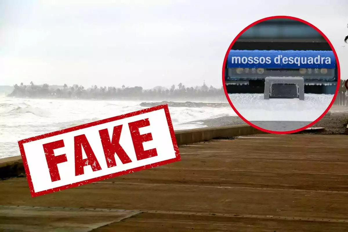 Una imagen de una playa con olas grandes y un sello rojo que dice "FAKE" en el centro, junto a un círculo que muestra un detalle de un vehículo de los Mossos d'Esquadra.