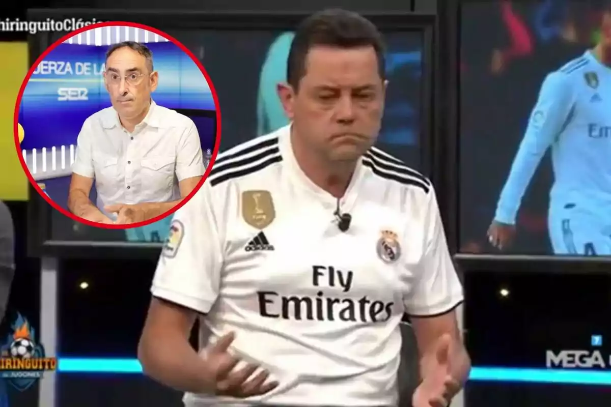 Un hombre con camiseta del Real Madrid aparece en un programa de televisión con una expresión seria mientras en un círculo rojo se muestra a otro hombre con camisa blanca en un estudio.