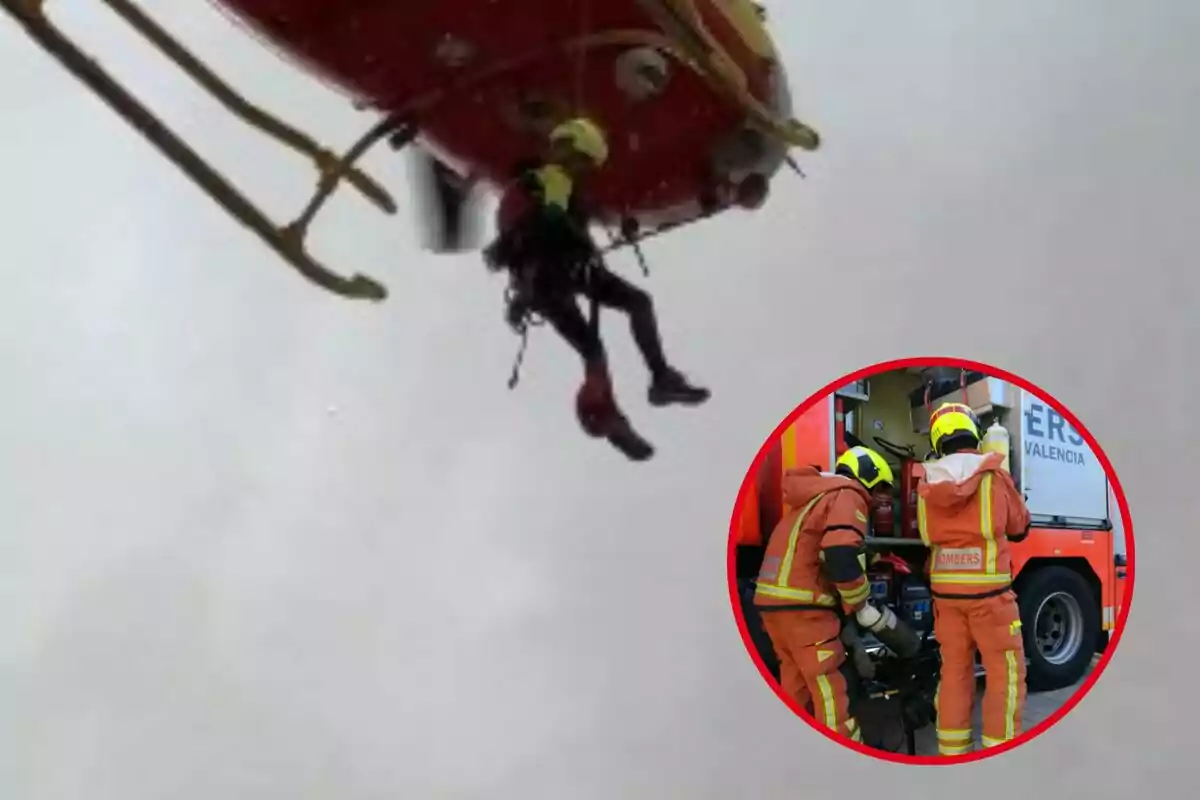 Un rescatista desciende de un helicóptero mientras dos bomberos revisan equipo junto a un camión de bomberos.