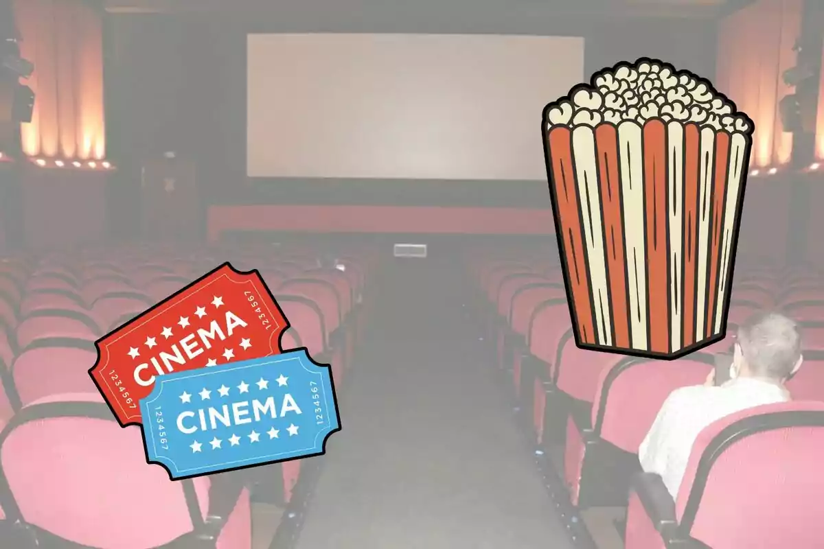 Una sala de cinema buida amb seients vermells, un cubell de crispetes i dues entrades de cinema il·lustrades.