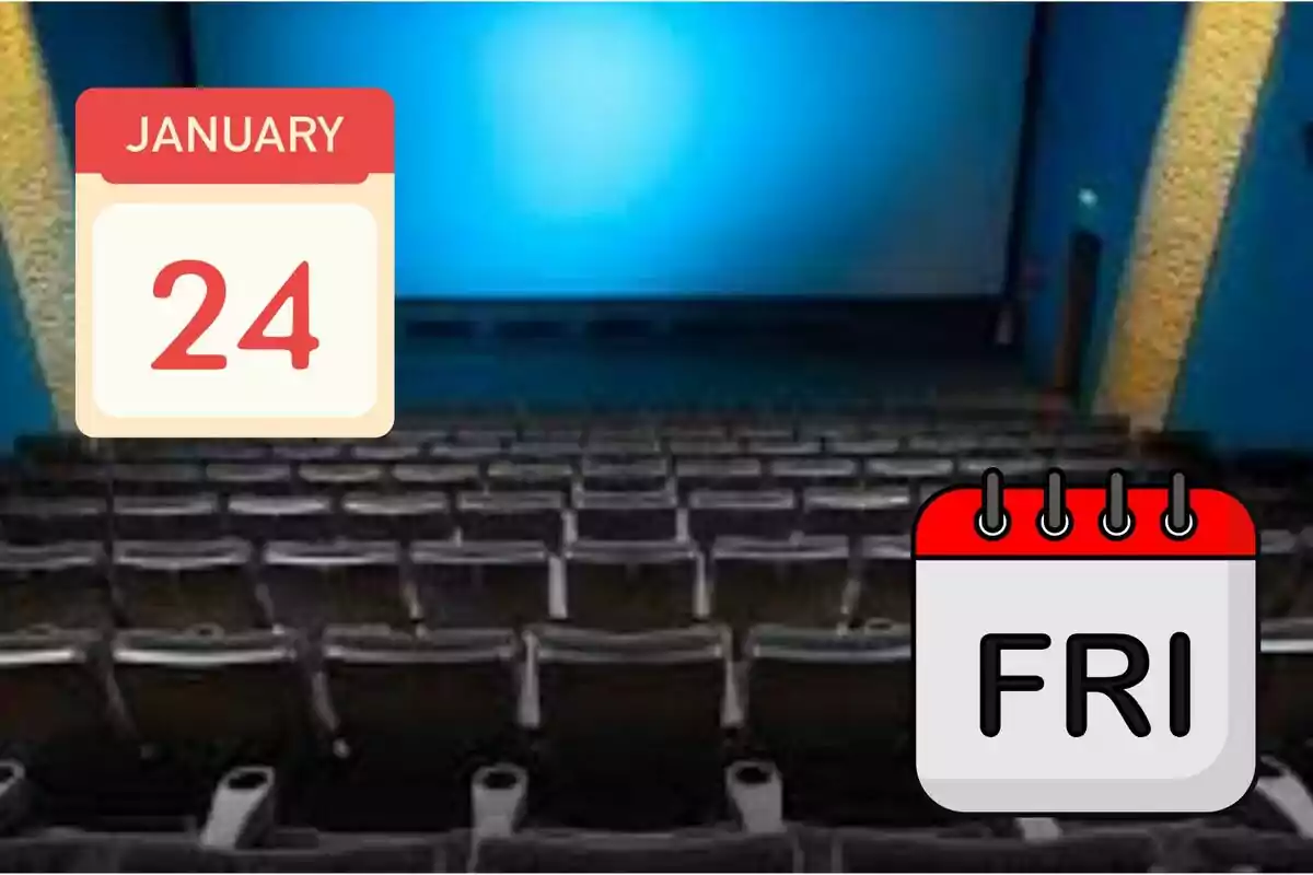 Una sala de cinema buida amb un fons blau i dues icones de calendari que mostren el 24 de gener i divendres.