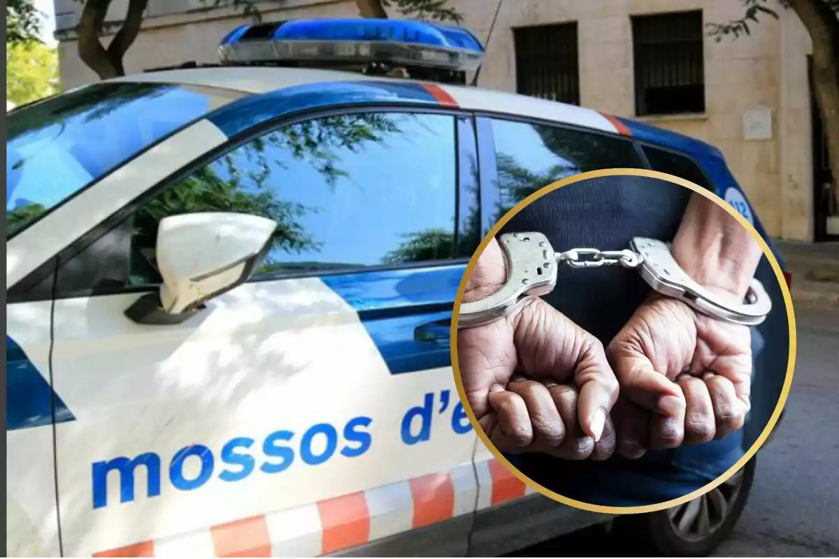 Un cotxe dels Mossos d'Esquadra i una persona emmanillada.