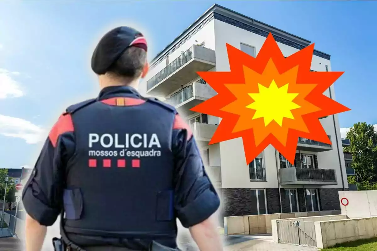 Un policia d’esquena observa un edifici modern amb una explosió il·lustrada a la façana.