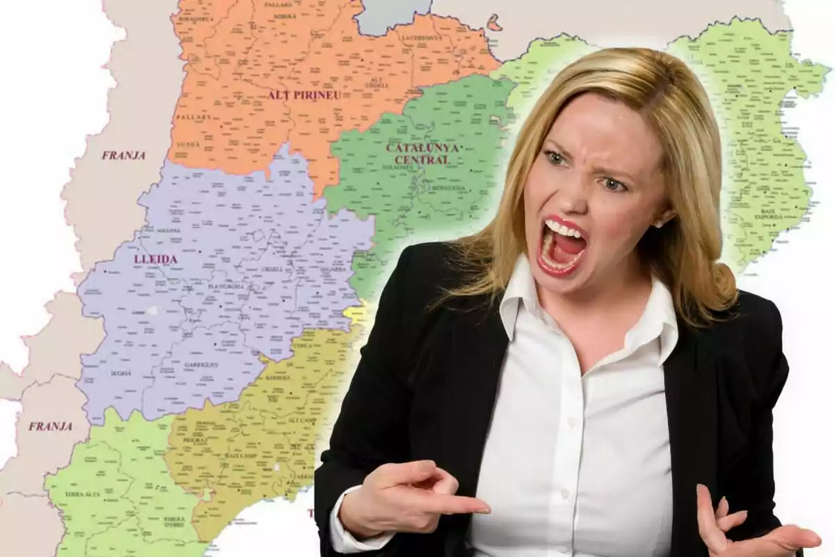 Mujer enojada frente a un mapa de Cataluña.