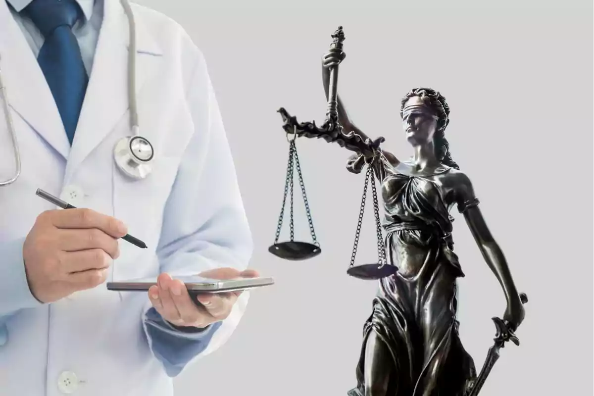 Un médico con bata blanca y estetoscopio sostiene un dispositivo mientras la estatua de la justicia está al lado.