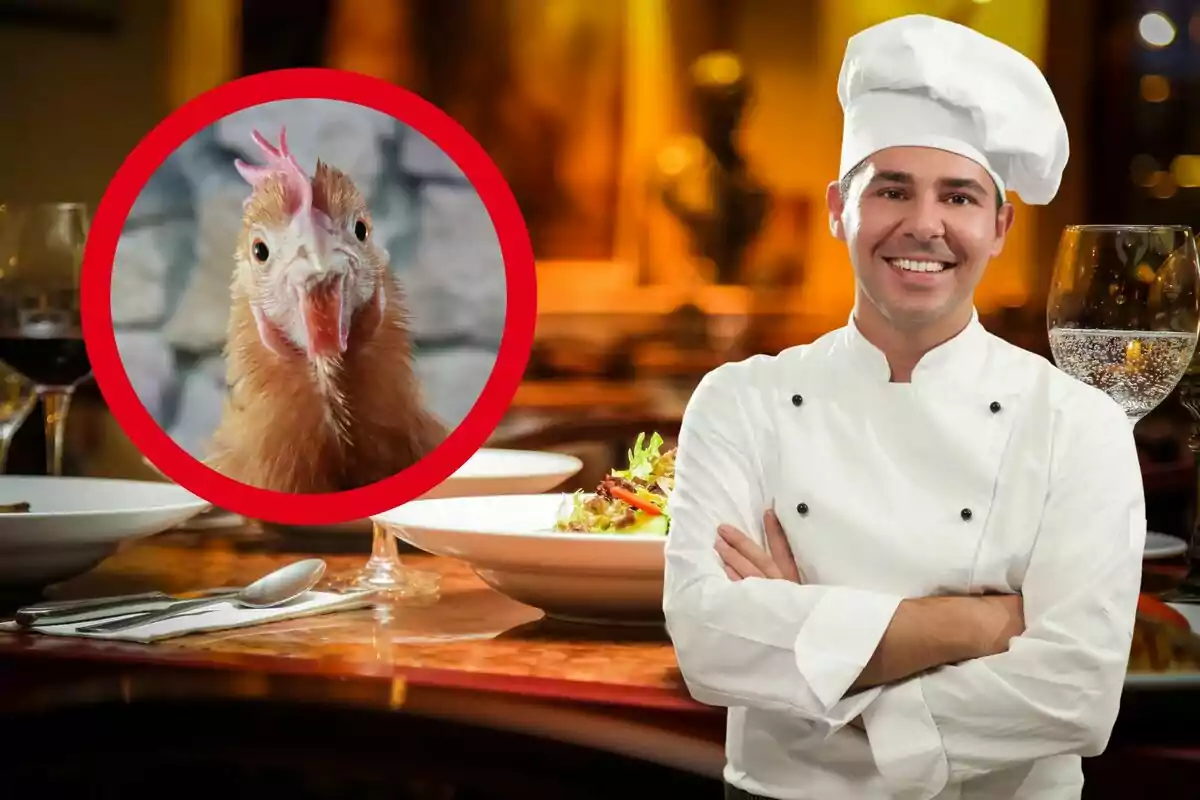 Un chef sonriente con los brazos cruzados en un restaurante, con una imagen de una gallina en un círculo rojo a su lado.