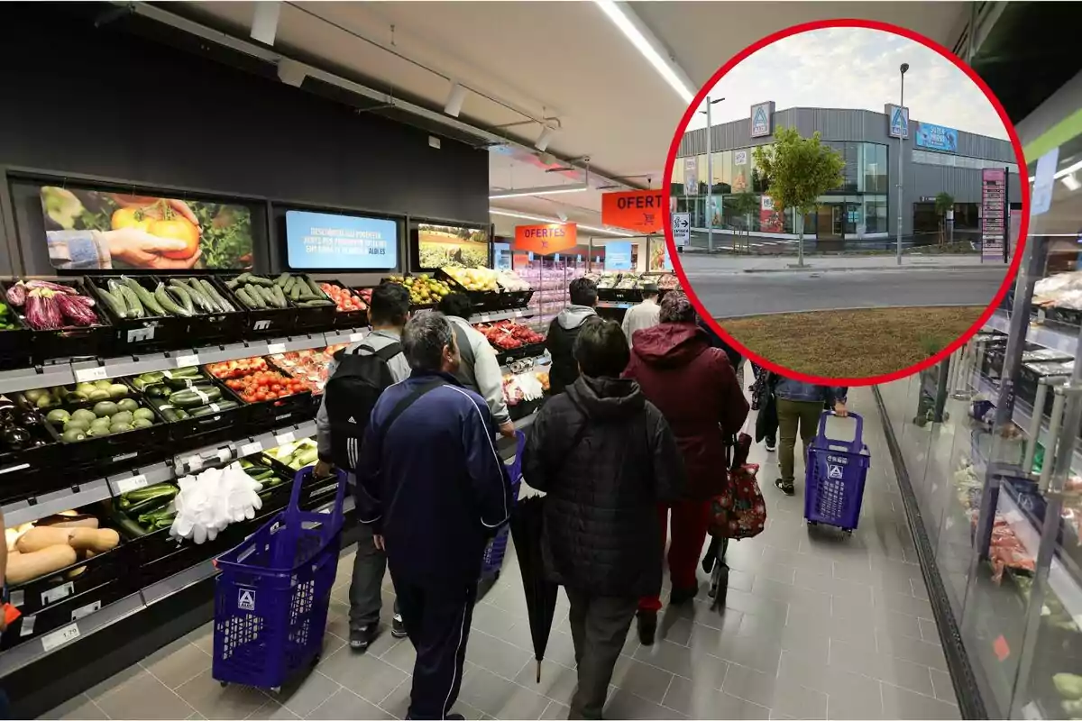 Clientes comprando en la sección de frutas y verduras de un supermercado con un recuadro que muestra la fachada del edificio desde el exterior.