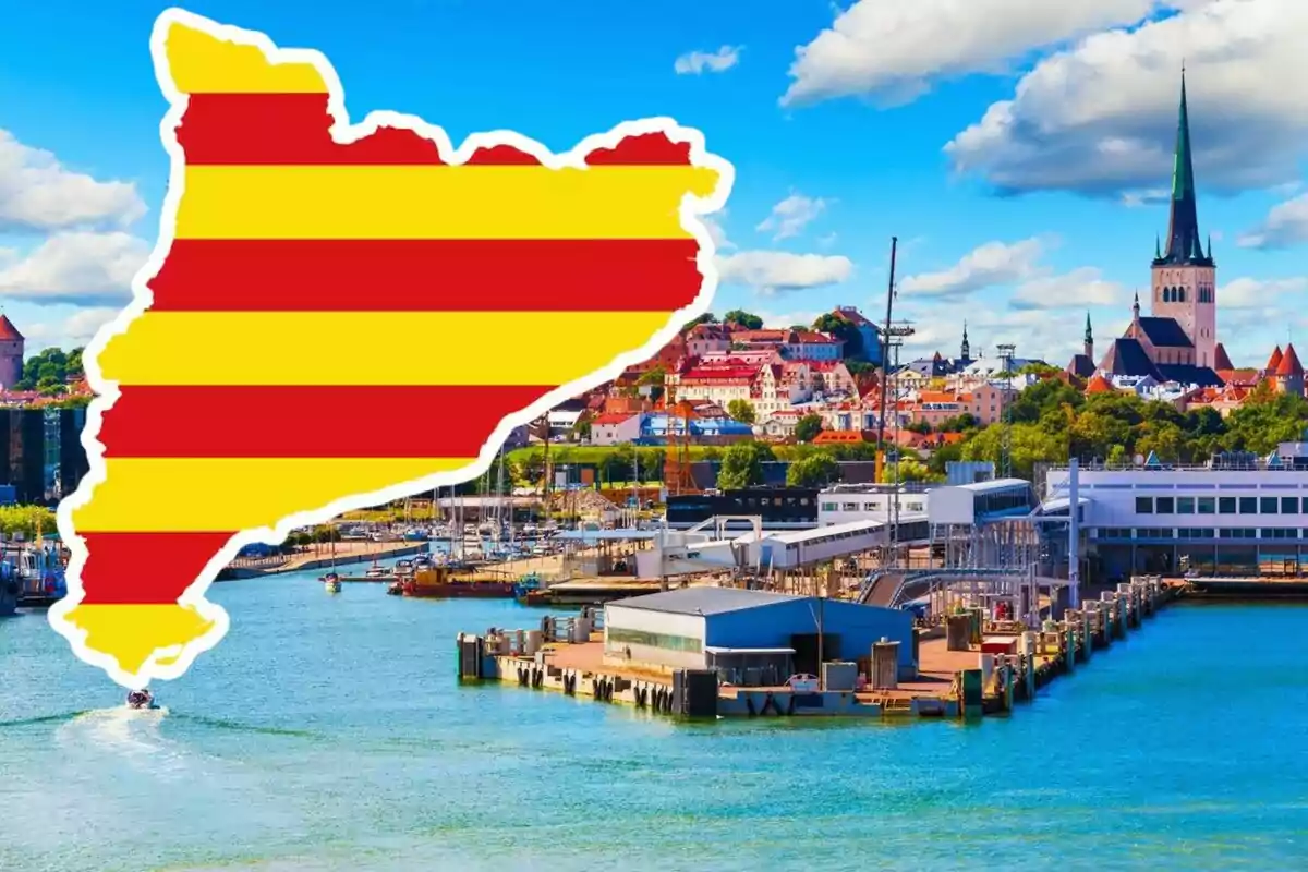 Mapa de Catalunya amb franges vermelles i grogues sobre un port i una ciutat europea al fons