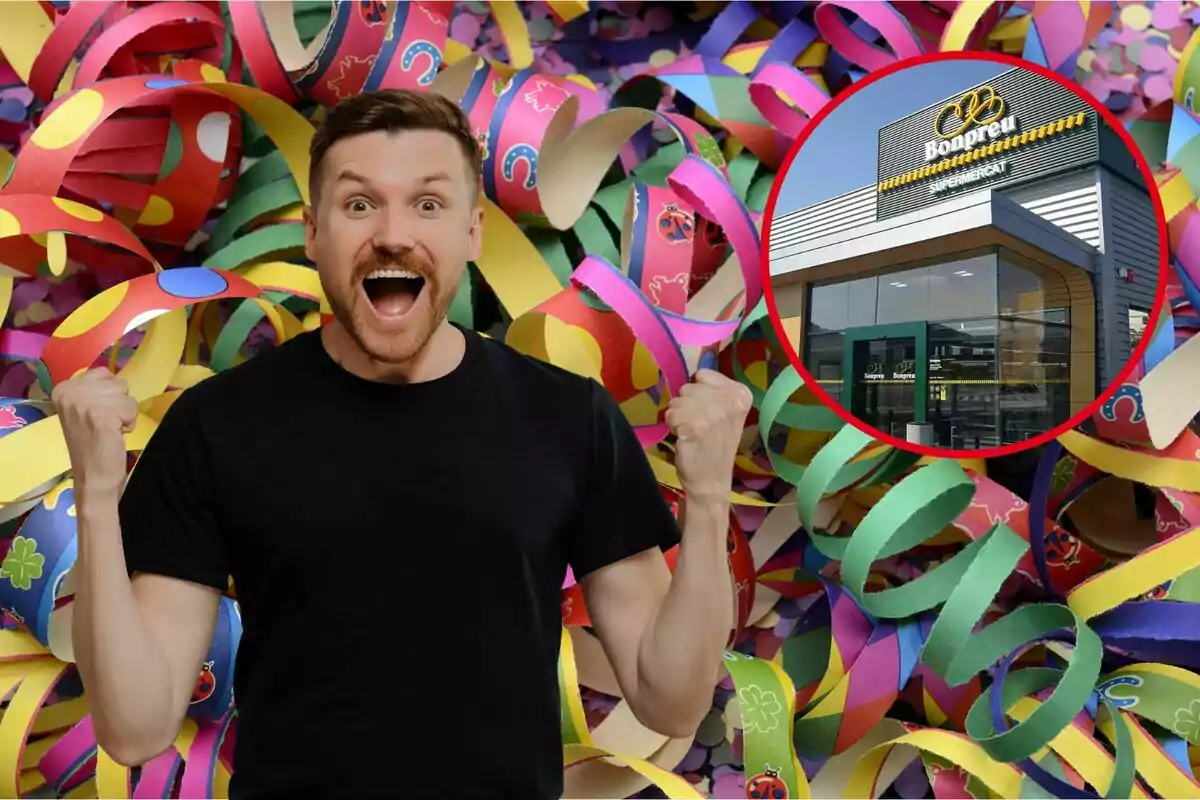 Un hombre emocionado con fondo de serpentinas coloridas y un recuadro que muestra la fachada de un supermercado.