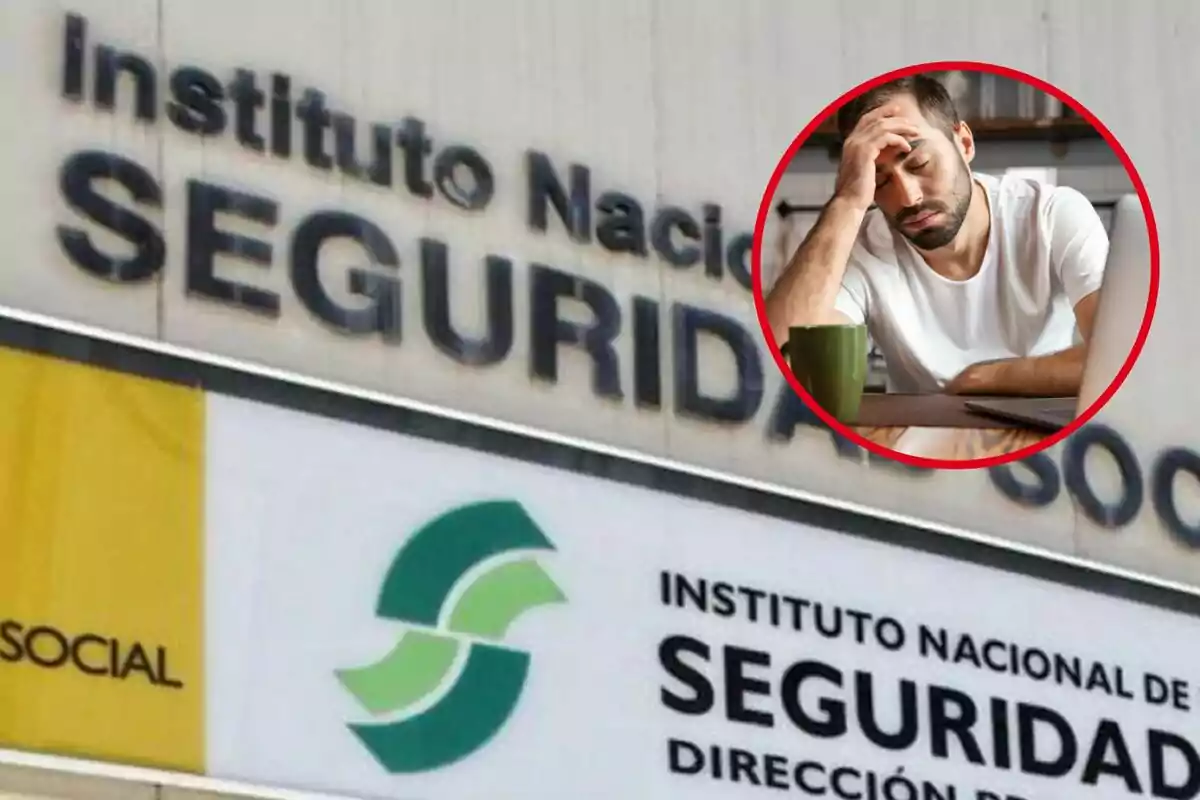 Un hombre con expresión de cansancio junto a un cartel del Instituto Nacional de Seguridad Social.