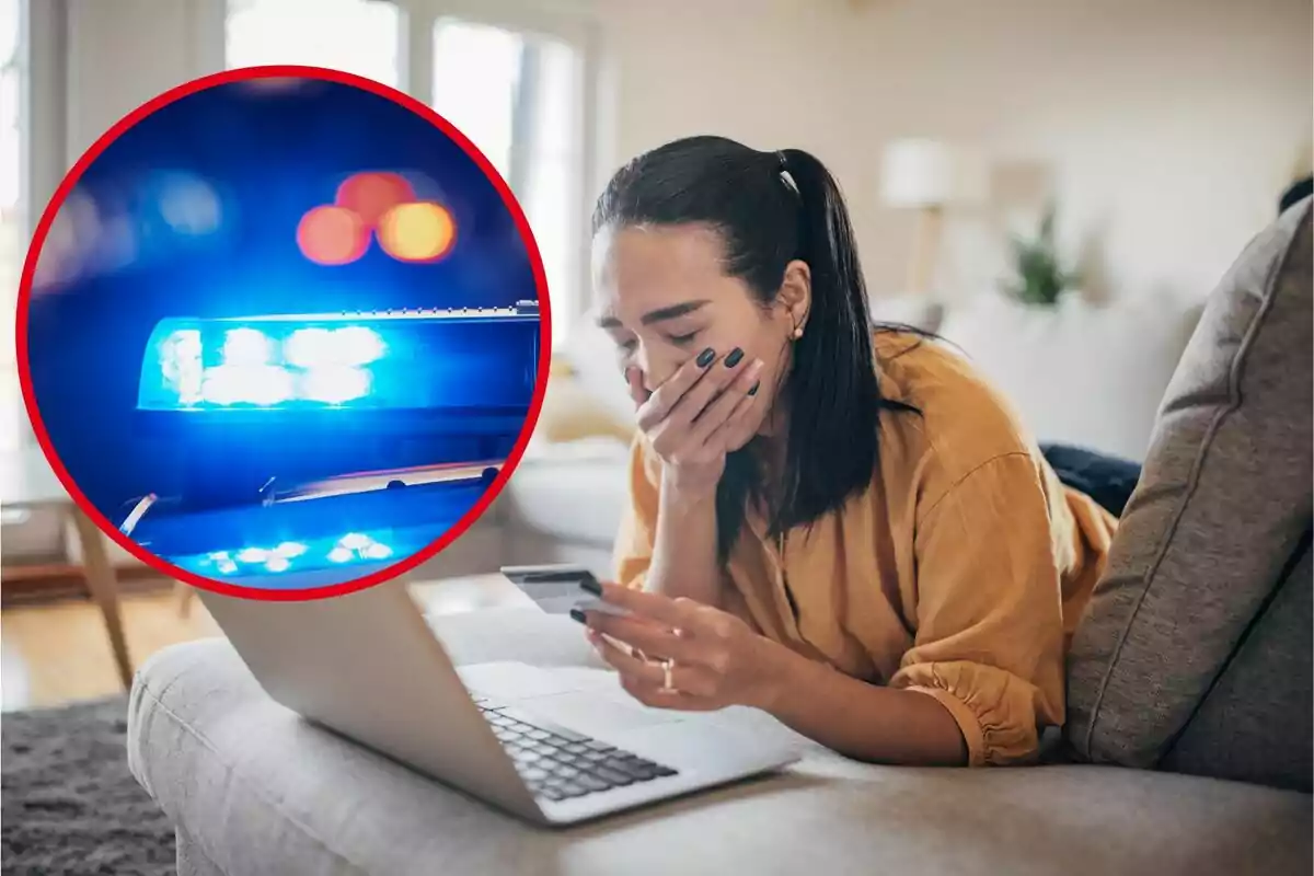 Mujer preocupada mirando su tarjeta de crédito frente a una computadora portátil con una imagen superpuesta de luces de patrulla policial.