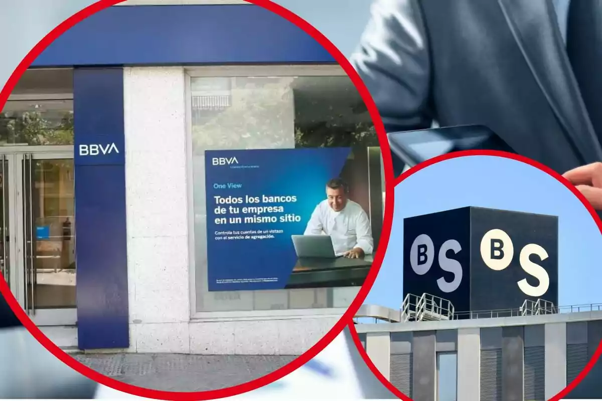 La imatge mostra la façana d'una sucursal de BBVA amb un cartell promocional a la finestra i un edifici amb el logotip de BS a la part superior, tots dos envoltats per un marge vermell.