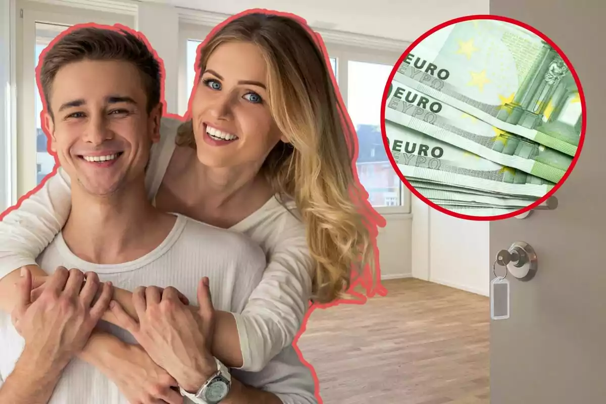 Una pareja sonriente se abraza en una habitación vacía con un círculo que muestra billetes de euro y una puerta entreabierta con una llave.