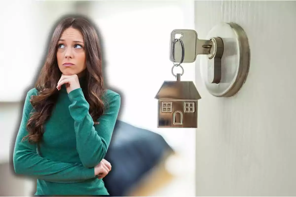 Mujer pensativa con suéter verde junto a una llave con llavero de casa en una cerradura.