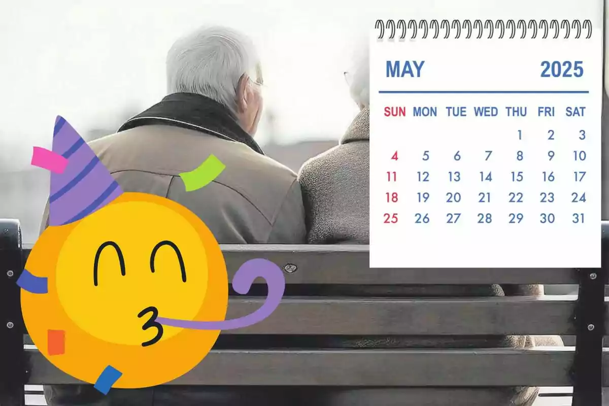Dues persones grans assegudes en un banc amb un calendari de maig de 2025 i un emoticona de festa a la cantonada