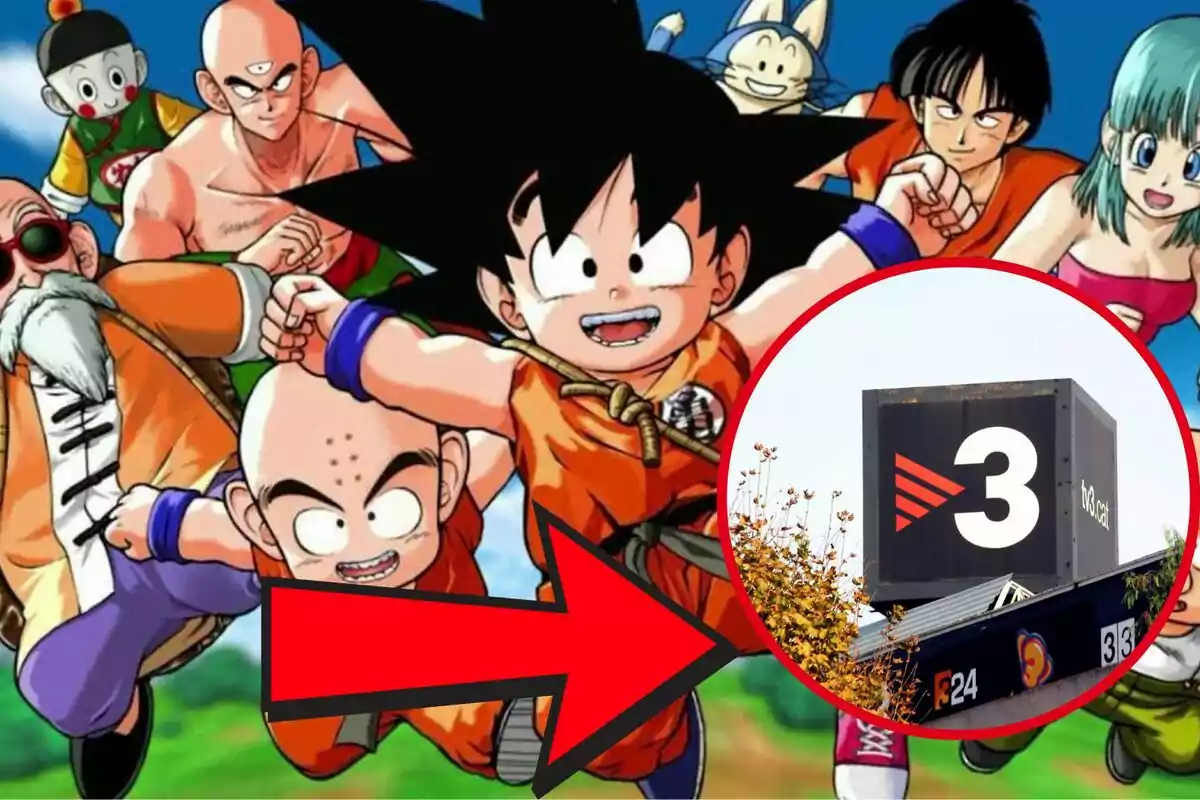 Un grup de personatges d'anime en una escena dinàmica amb un logotip de televisió en un cercle vermell i una fletxa vermella assenyalant-lo.
