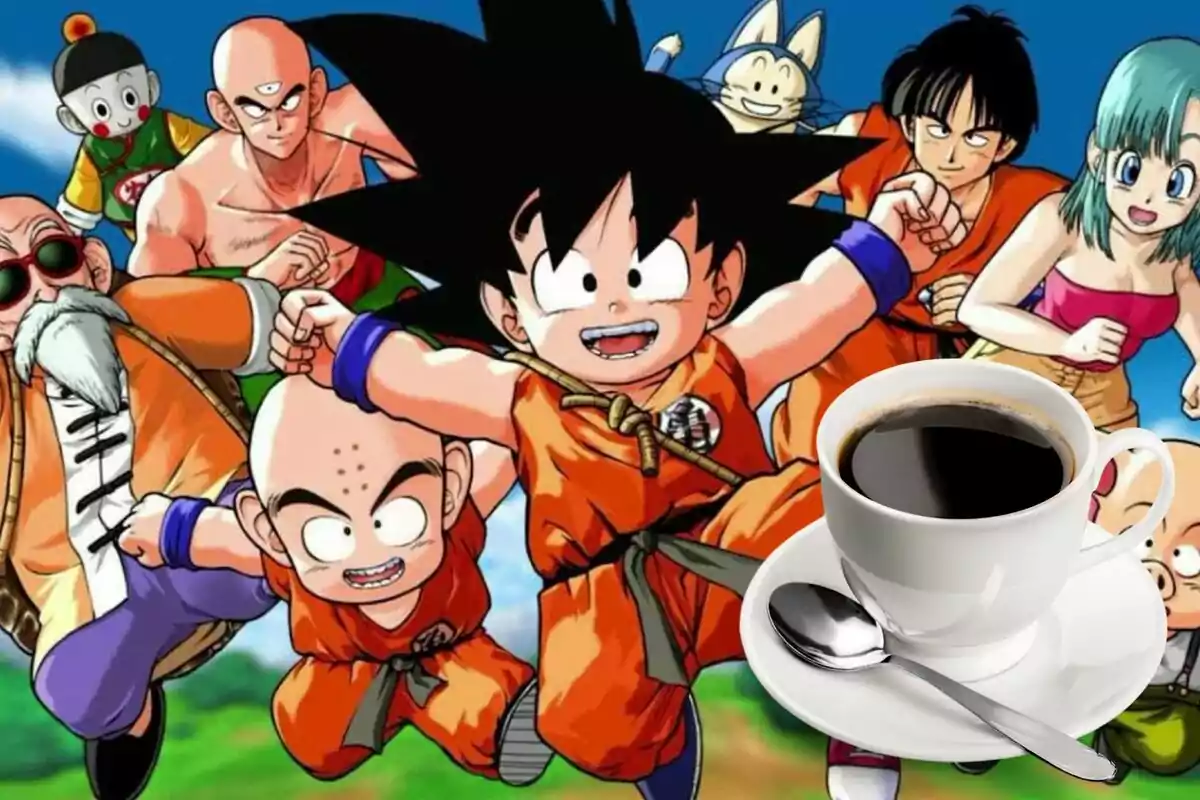 Personajes de anime en poses de acción con una taza de café en primer plano.