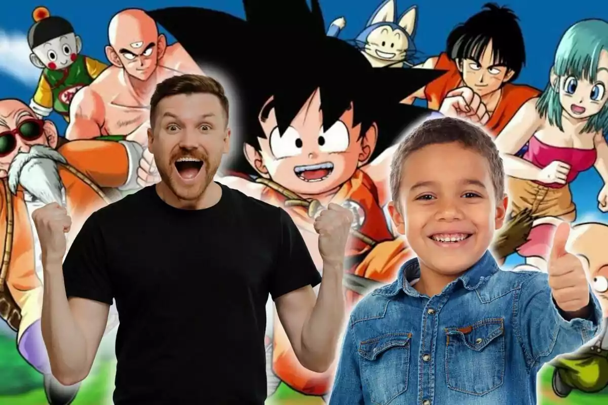 Un hombre y un niño emocionados frente a un fondo de personajes de anime.