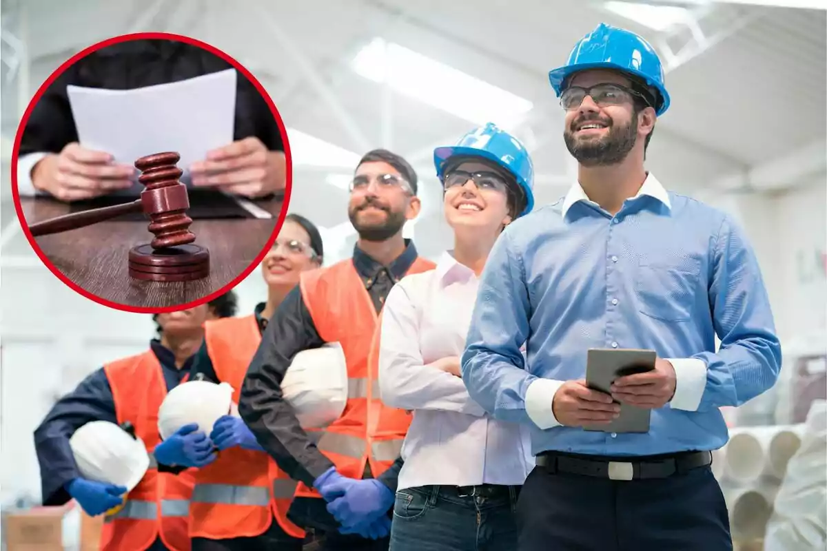 Un grupo de trabajadores de la construcción con cascos y chalecos de seguridad sonríe mientras un hombre sostiene una tableta, con un círculo que muestra un mazo de juez y documentos en el fondo.