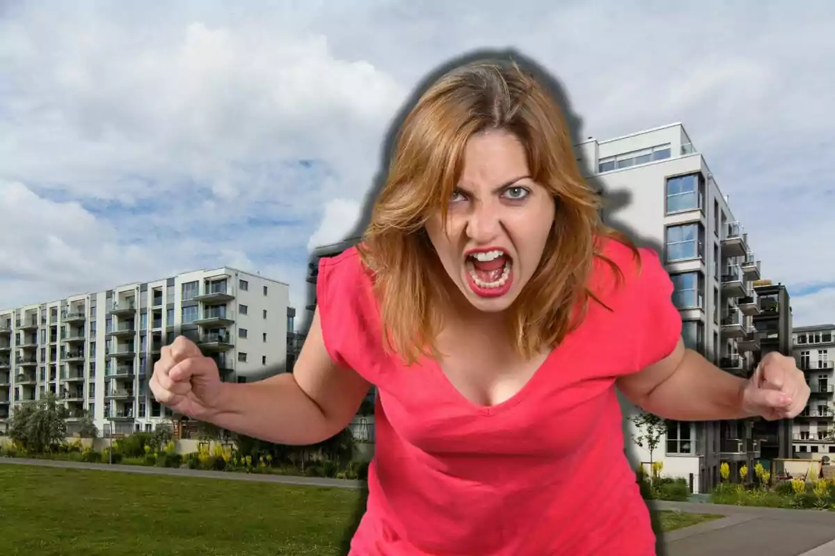 Mujer con expresión de enojo frente a un edificio moderno en un día nublado.