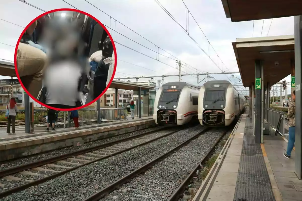 Dos trenes en una estación con personas esperando en el andén y un círculo rojo que destaca una imagen borrosa en el interior de un tren.