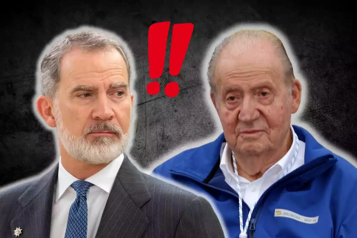 Felipe Vi y Juan Carlos I mirándose con seriedad sobre un fondo oscuro y dos signos de exclamación rojos entre ellos