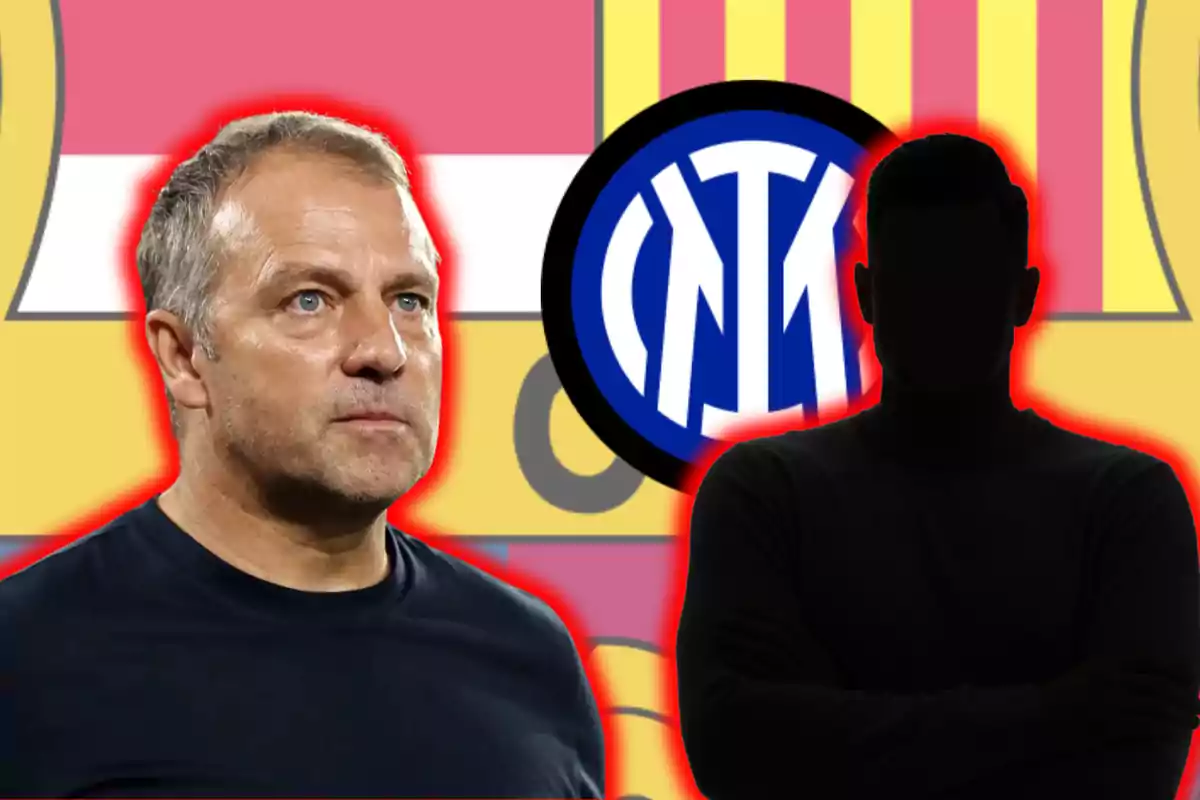 Un home amb expressió seriosa i una silueta fosca estan davant d'un fons amb els colors del FC Barcelona i el logotip de l'Inter de Milà.