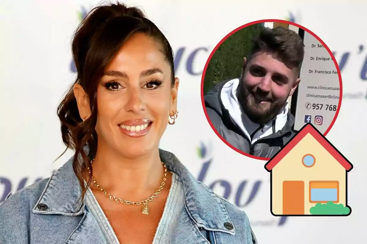 Montaje con foto en primer plano de Anabel Pantoja mirando a cámara y sonriendo, foto pequeña de su novio David Rodríguez y emoji de una casa