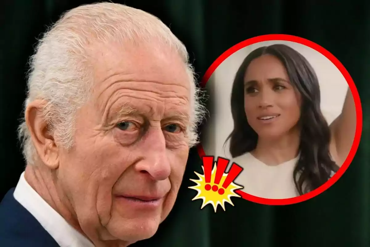 Muntatge de fotos de primer pla del rei Carles III amb rostre seriós i Meghan Markle al costat amb rostre neutre.