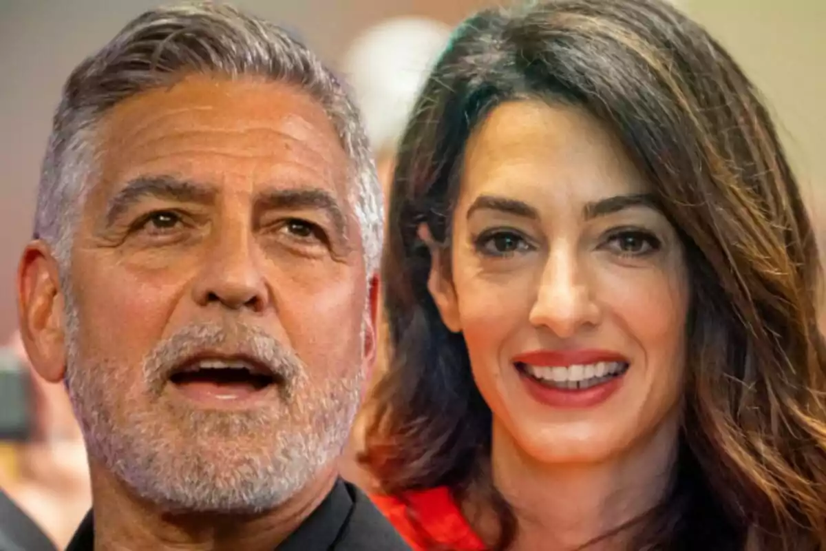 Montaje de fotos de primer plano de George Clooney con rostro de sorpresa y Amal Clooney sonriente.