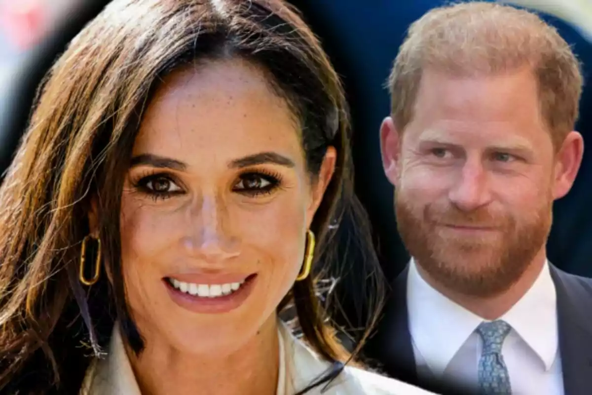 Muntatge de fotos de primer pla de Meghan Markle somrient i, de fons, una imatge del príncep Harry amb rostre seriós.