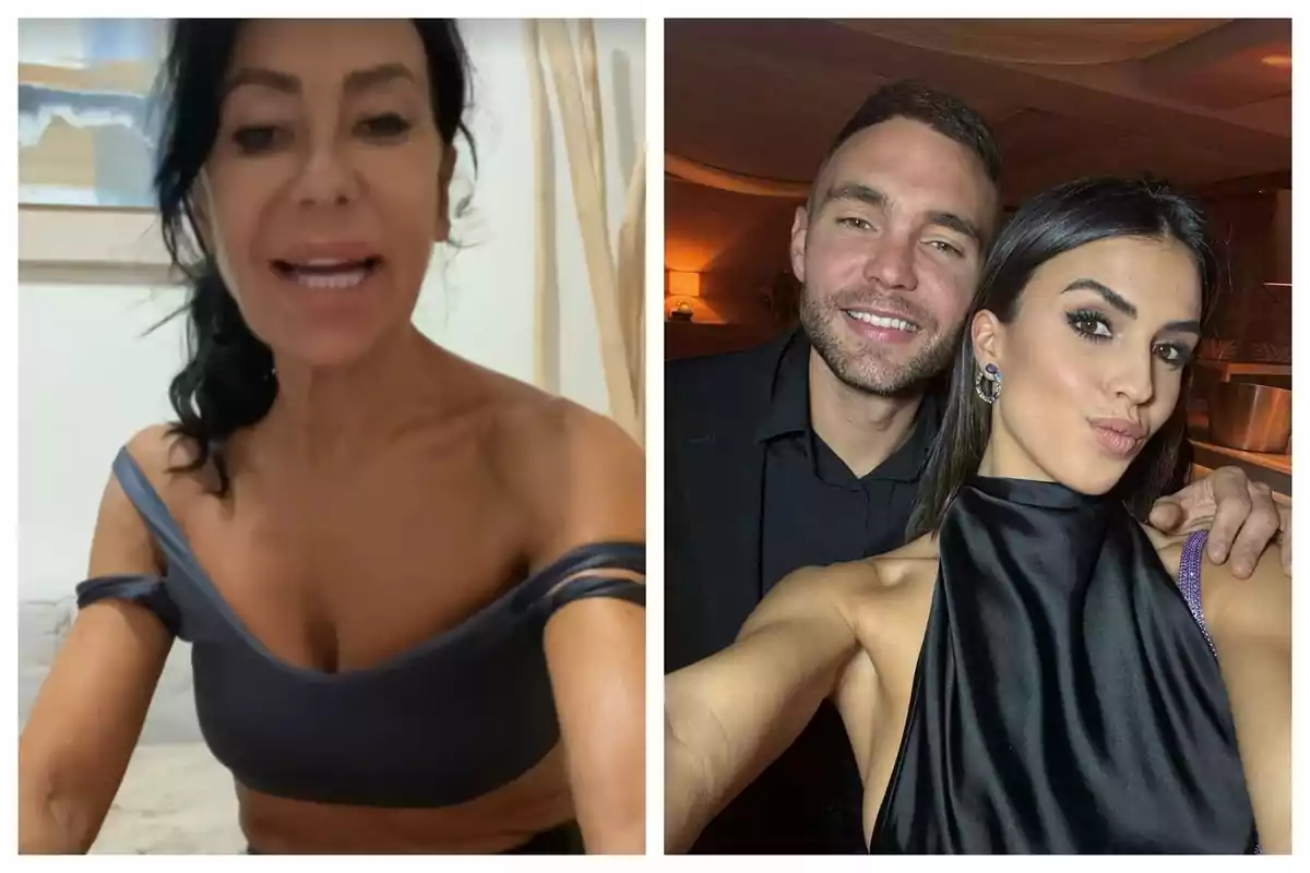 Maite Galdeano con cabello oscuro y una blusa gris aparece en la imagen de la izquierda, mientras que en la imagen de la derecha, Sofía Suescun y Cristian Suescun posan para una selfie, ambos vestidos de manera elegante. Maite Galdeano con cabello oscuro y una blusa gris aparece en la imagen de la izquierda, mientras que en la imagen de la derecha, Sofía Suescun y Cristian Suescun posan para una selfie, ambos vestidos de manera elegante.