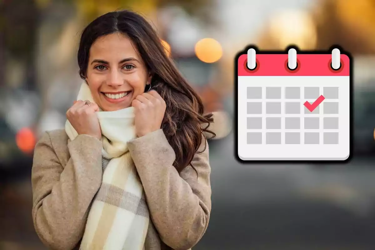 Dona somrient amb bufanda i una icona de calendari amb una marca de verificació. Dona somrient amb bufanda i una icona de calendari amb una marca de verificació.