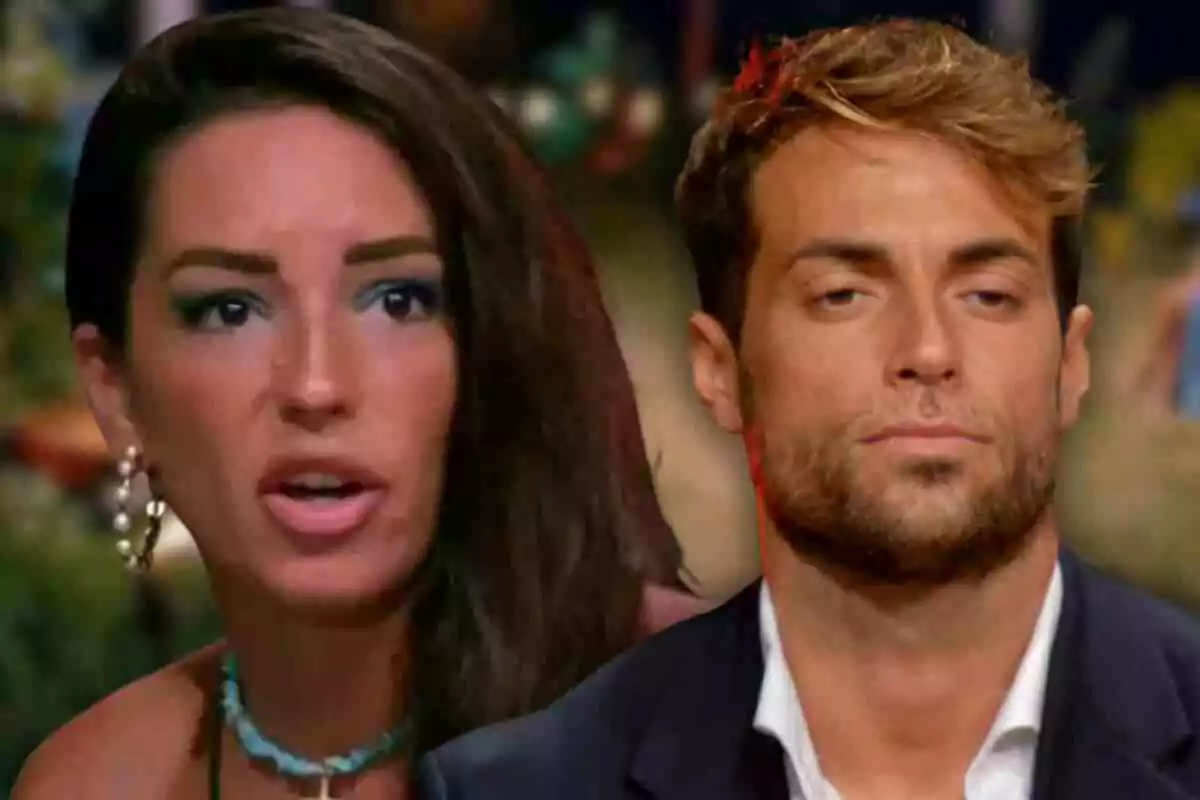 Montoya y Anita en primer plano, ella con maquillaje y él con barba, ambos con expresiones serias.