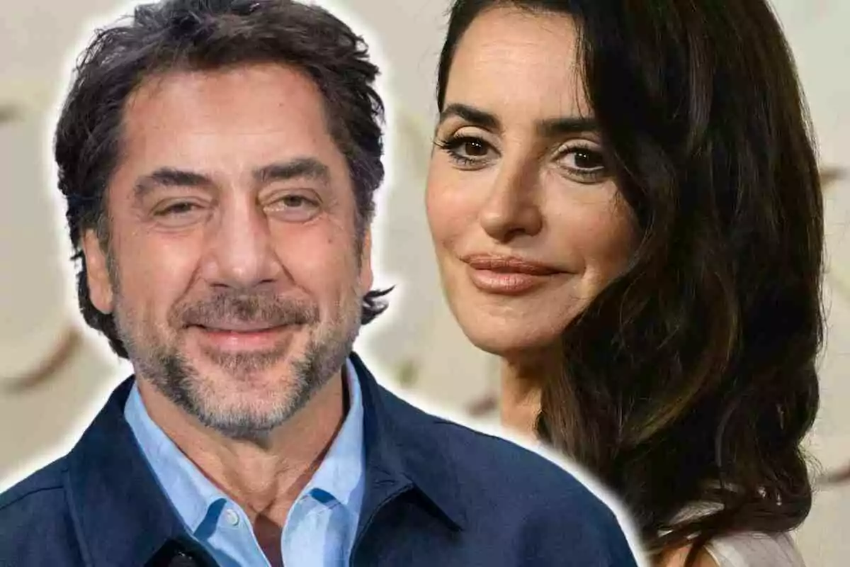 Penélope Cruz and Javier Bardem posing together, Javier with a beard and short hair and Penélope with long, wavy hair.