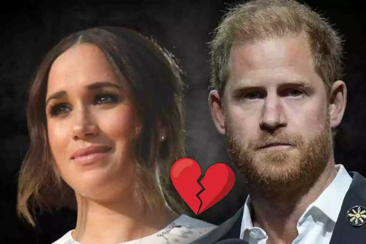 Meghan Markle y el príncipe Harry con un emoji de corazón roto entre ellos.