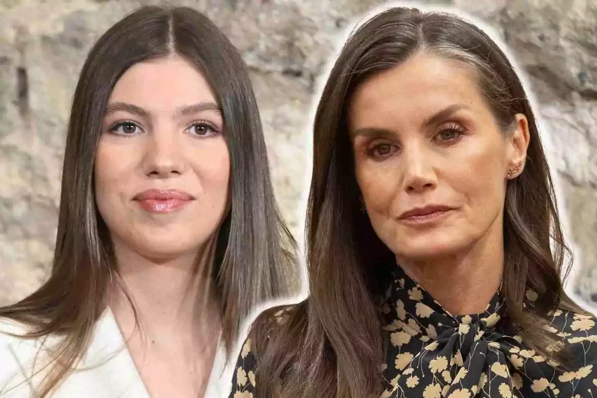 Queen Letizia and Infanta Sofía with dark hair pose in front of a neutral background.
