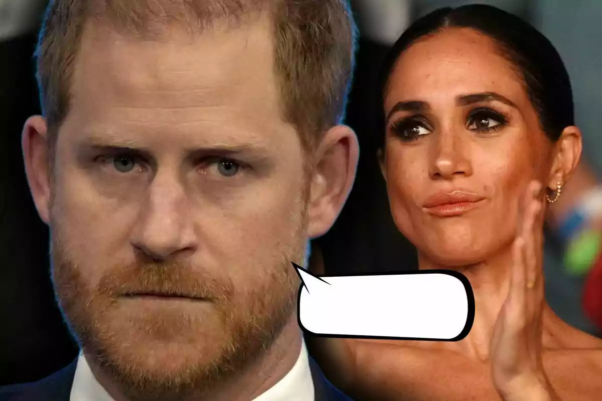 Photo montage of Prince Harry with a serious expression and Meghan Markle applauding in the background, with an empty speech bubble next to them.