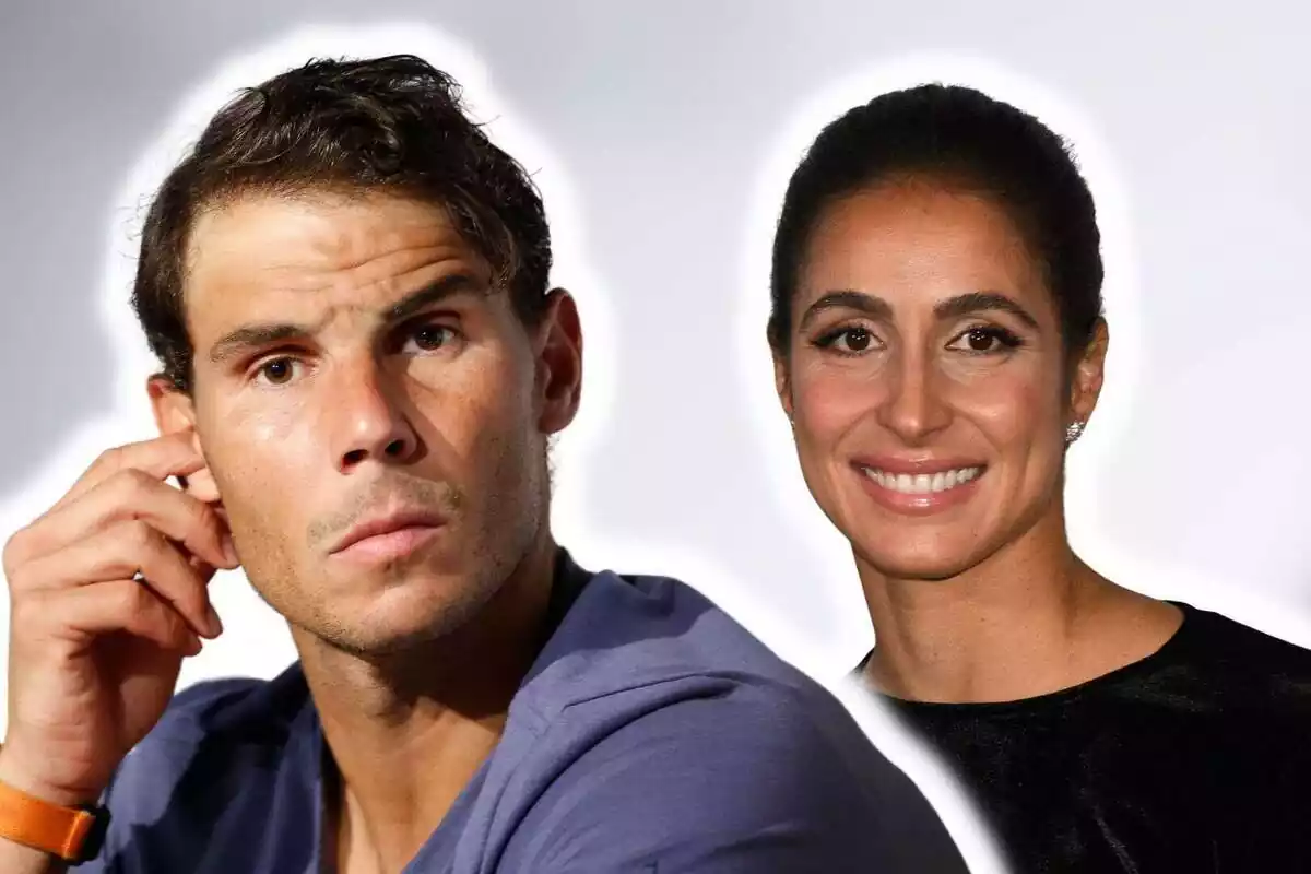 Montaje de fotos de primer plano de Rafa Nadal serio y su pareja, Xisca Perelló, con rostro sonriente Montaje de fotos de primer plano de Rafa Nadal serio y su pareja, Xisca Perelló, con rostro sonriente