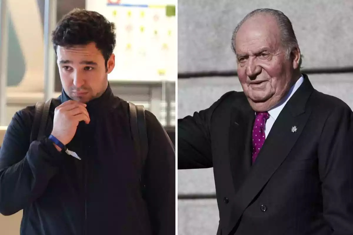 Muntatge de Froilà seriós amb la mà a la cremallera de la jaqueta i una motxilla i Joan Carles I somrient en vestit negre i corbata morada Muntatge de Froilà seriós amb la mà a la cremallera de la jaqueta i una motxilla i Joan Carles I somrient en vestit negre i corbata morada