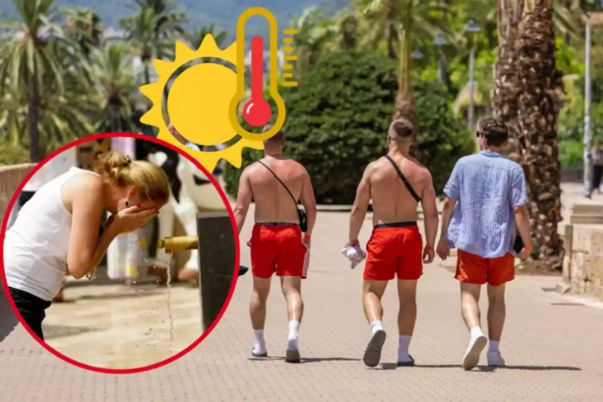 Tres chicos caminan por un paseo con poca ropa, y en el círculo, una mujer refrescándose en una fuente Tres chicos caminan por un paseo con poca ropa, y en el círculo, una mujer refrescándose en una fuente